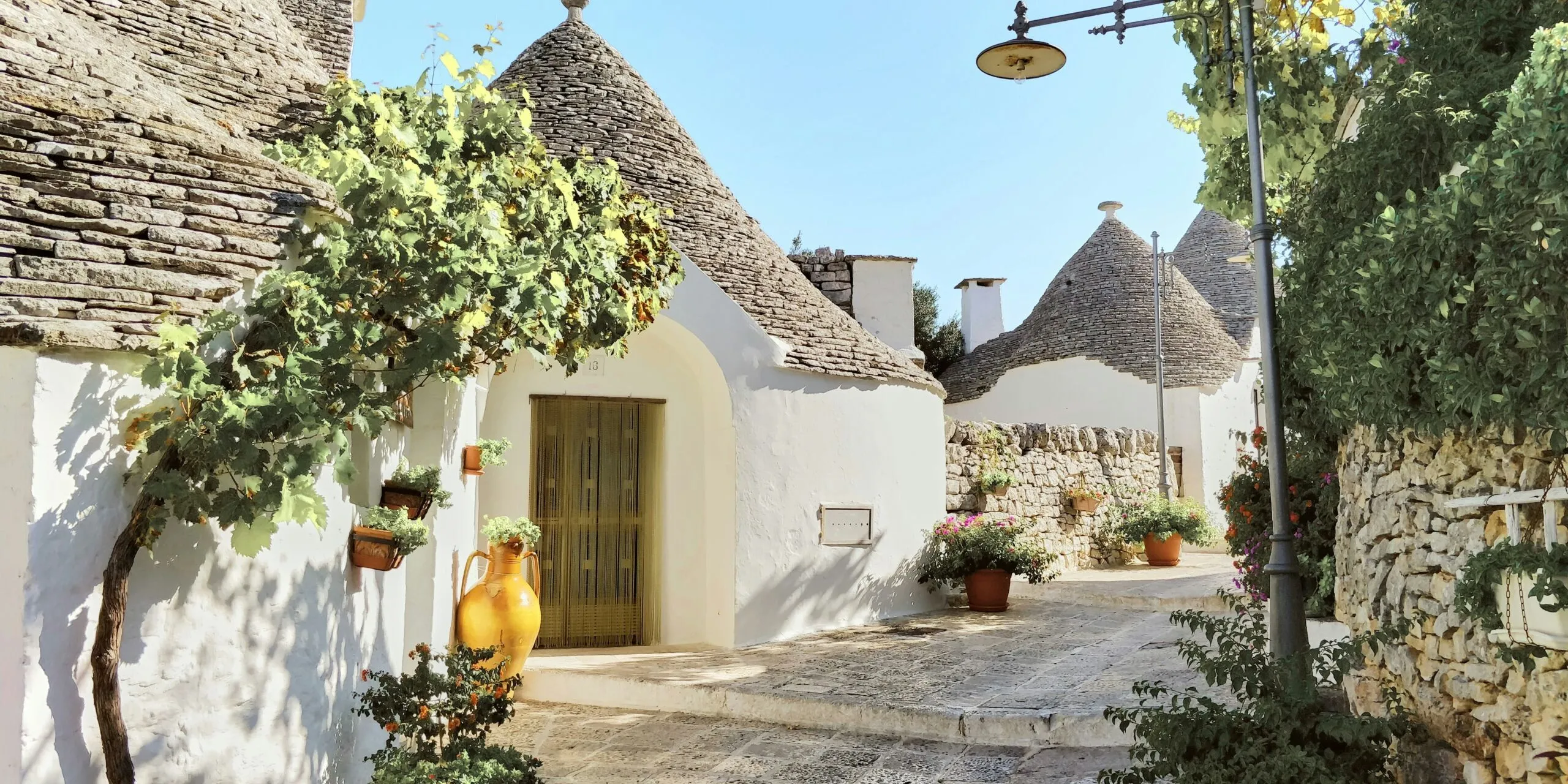 Romantic Italian street with whitewashed trulli houses and conical stone roofs, potted plants, and a sunlit cobblestone path.