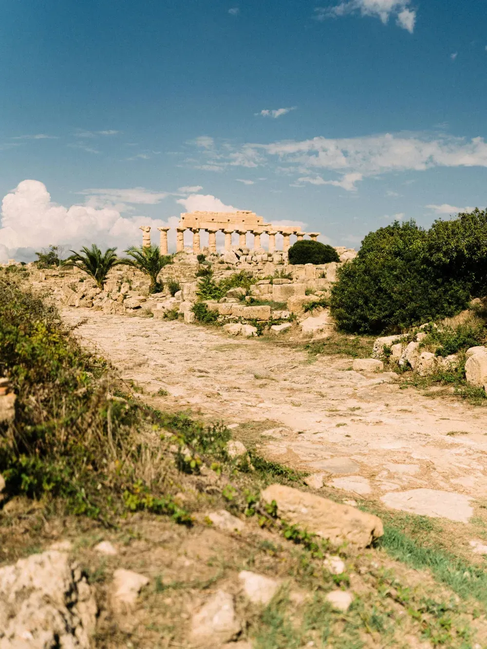 Ancient stone temple with columns on a hill, a rocky path and shrubs in the foreground beneath a bright blue sky.